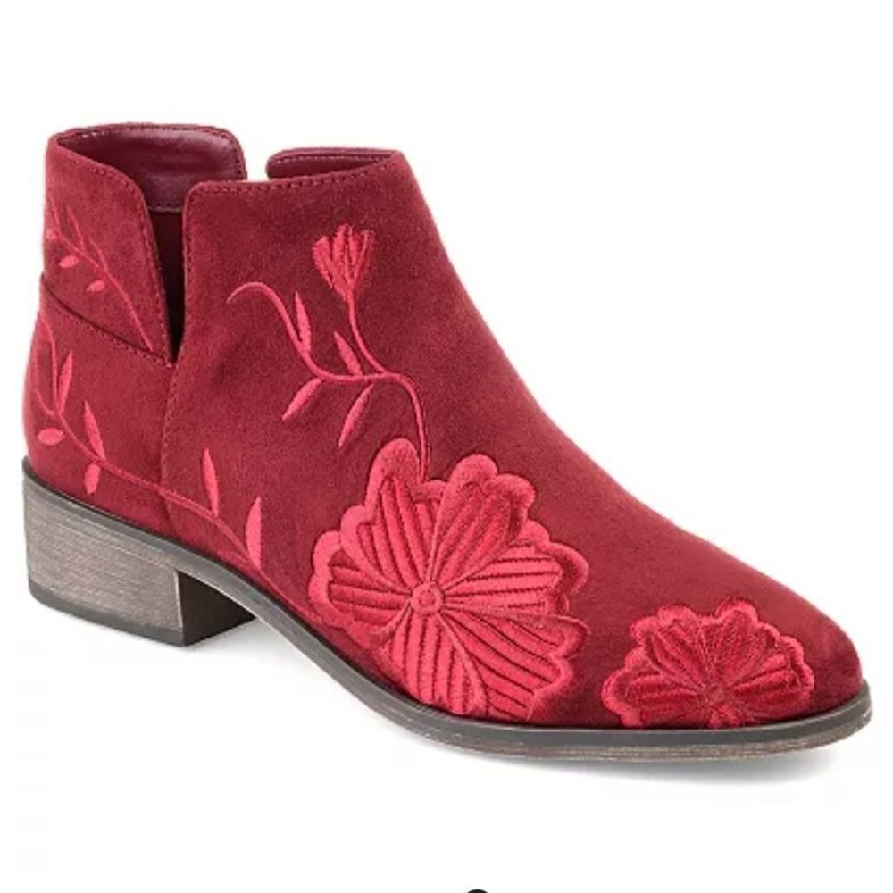 Journey Collection Tabitha Red Faux Suede Embroidered Ankle Boots Size 11/41